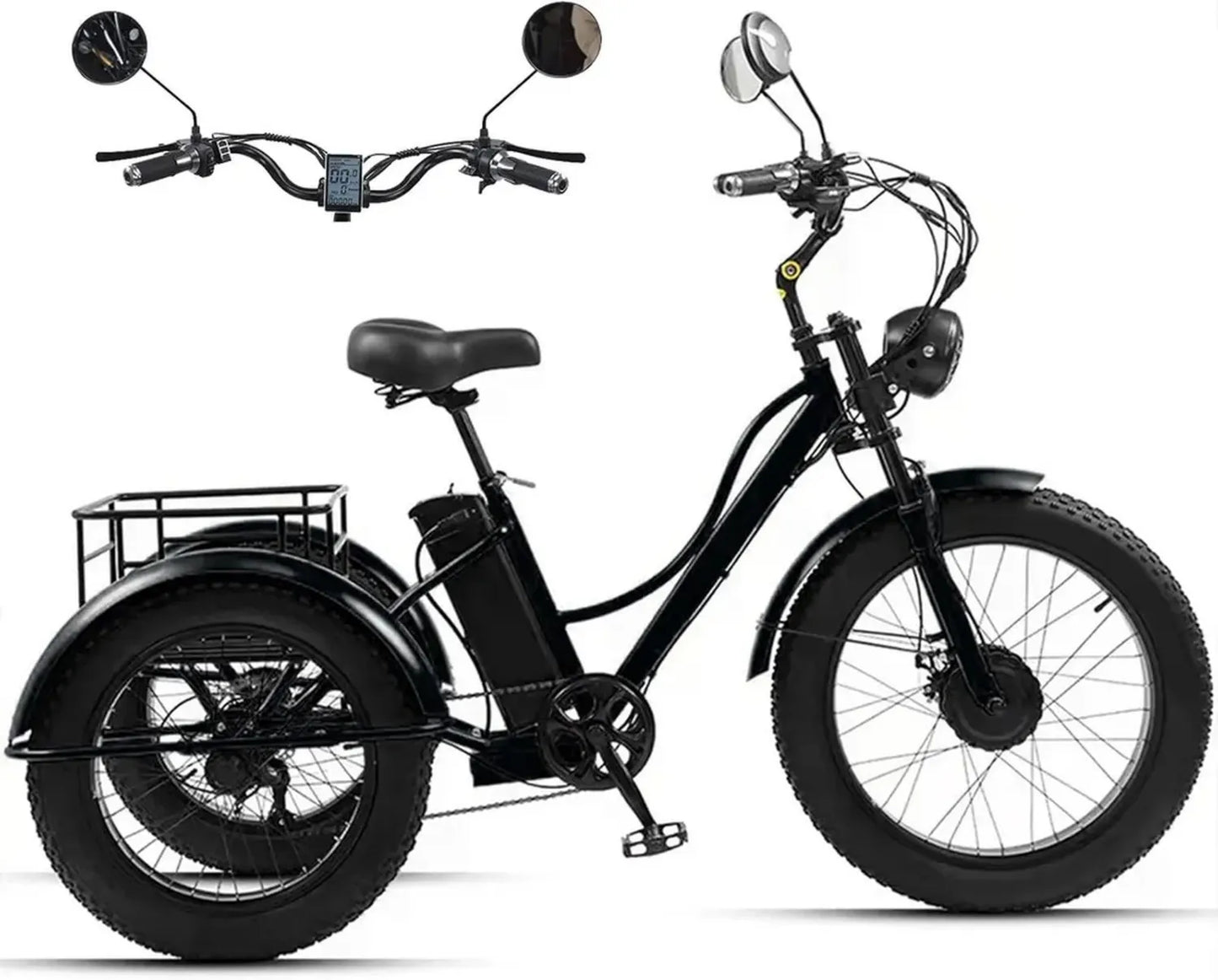 Tricycle électrique adulte 7 vitesses avec pneus larges, batterie 48V 18Ah, écran LCD et grand panier, idéal pour trajets quotidiens
